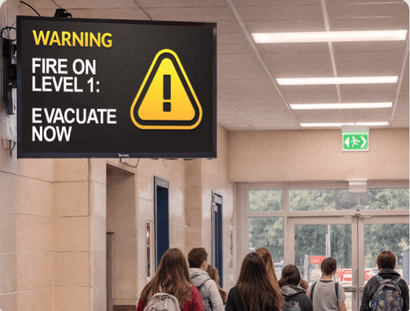 Digital display showing a evacuation emergency alert in a school hallway